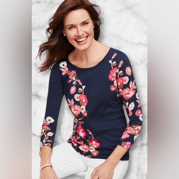 Talbots Sweaters - Talbots Floral Crewneck Sweater India Ink Navy Pink Lightweight 3/4 Sleeves Sz M